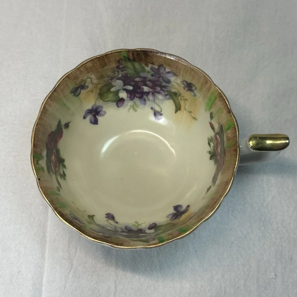 Antique‎ Victorian Tea Cup Saucer Hand Painted Violets Roses Apricot ombré Gilt